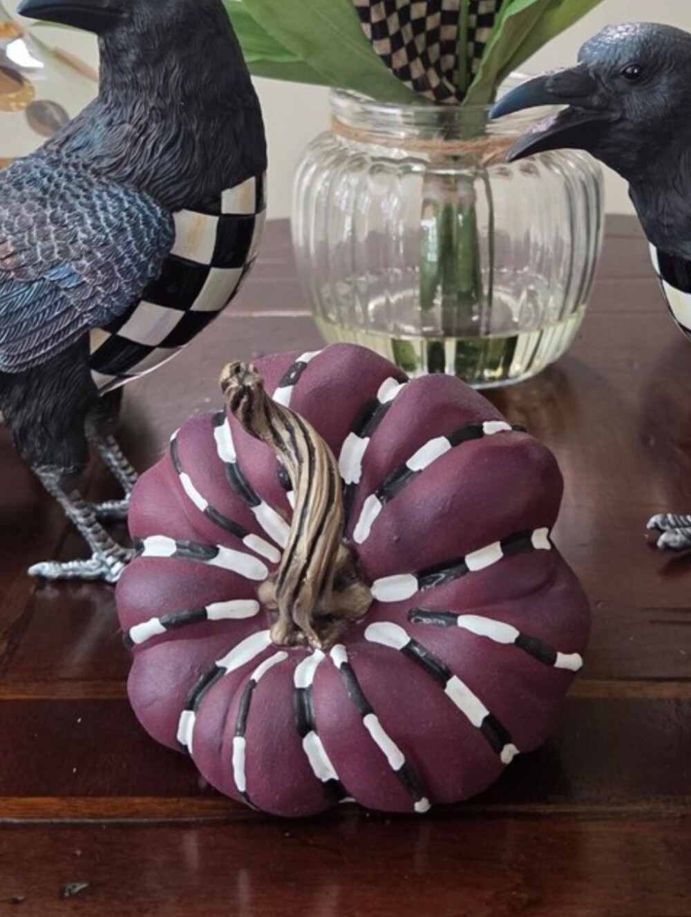Whimsical Hand Painted Black and White Checkered Striped Piped Mini Pumpkin